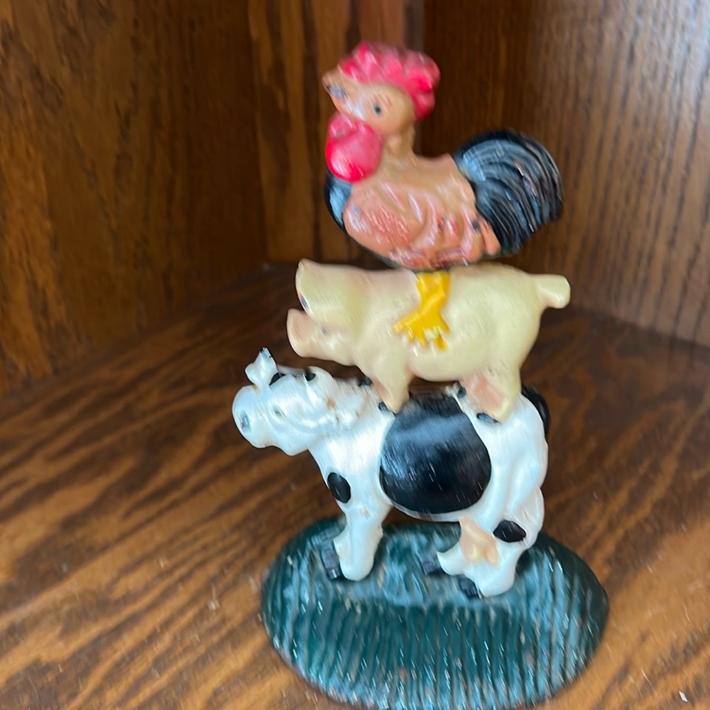 Vintage 1960’s Cast Iron Chicken Pig Cow Doorstop.